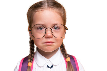 Fototapeta premium school little girl with black eyeglasses crying