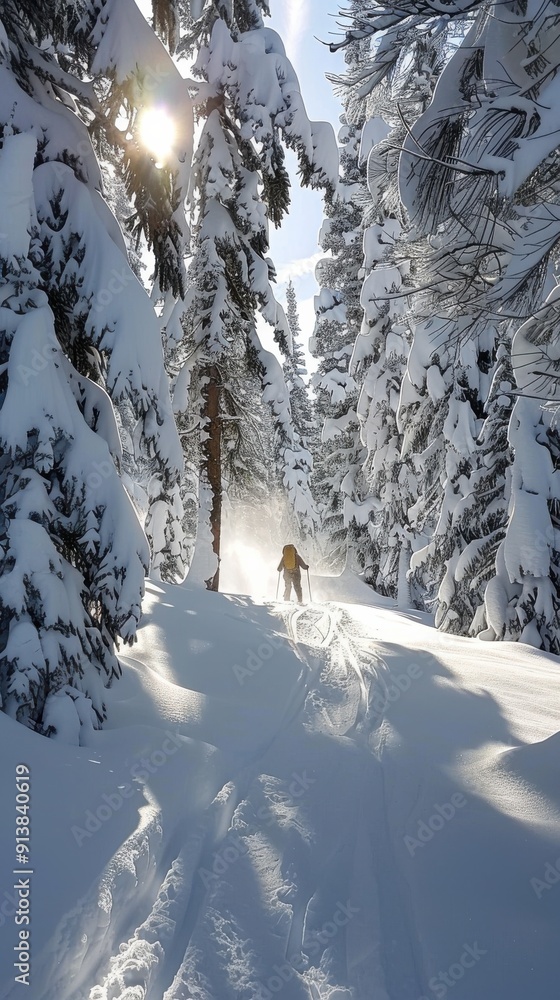 Poster a lone skier makes their way through a densely forested area on a crisp winter day. the trees are he