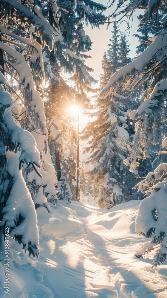 Poster sunlight shines through a snow-covered forest, illuminating a path leading through a grove of tall e