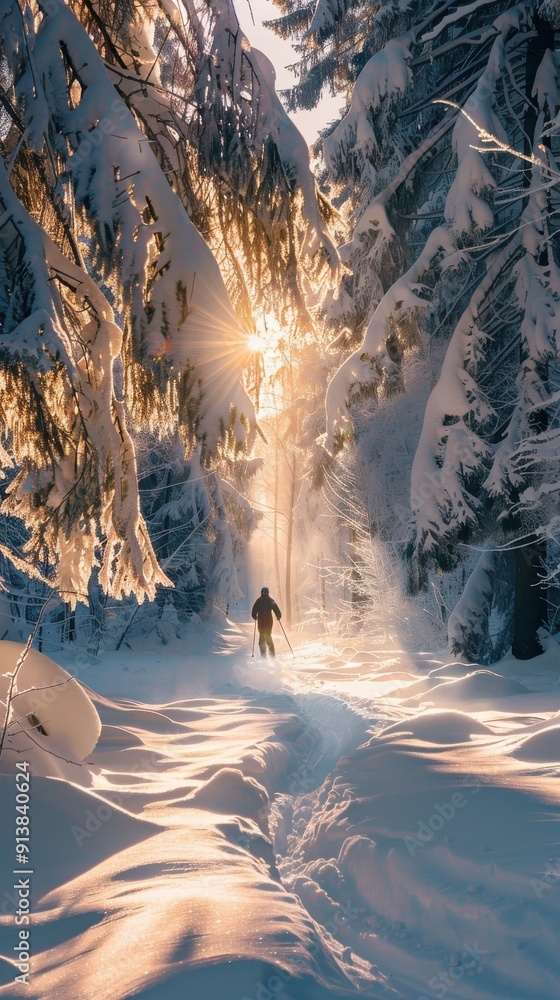 Aufkleber a single person skis through a snowy forest at sunset. the sun is shining through the trees, casting