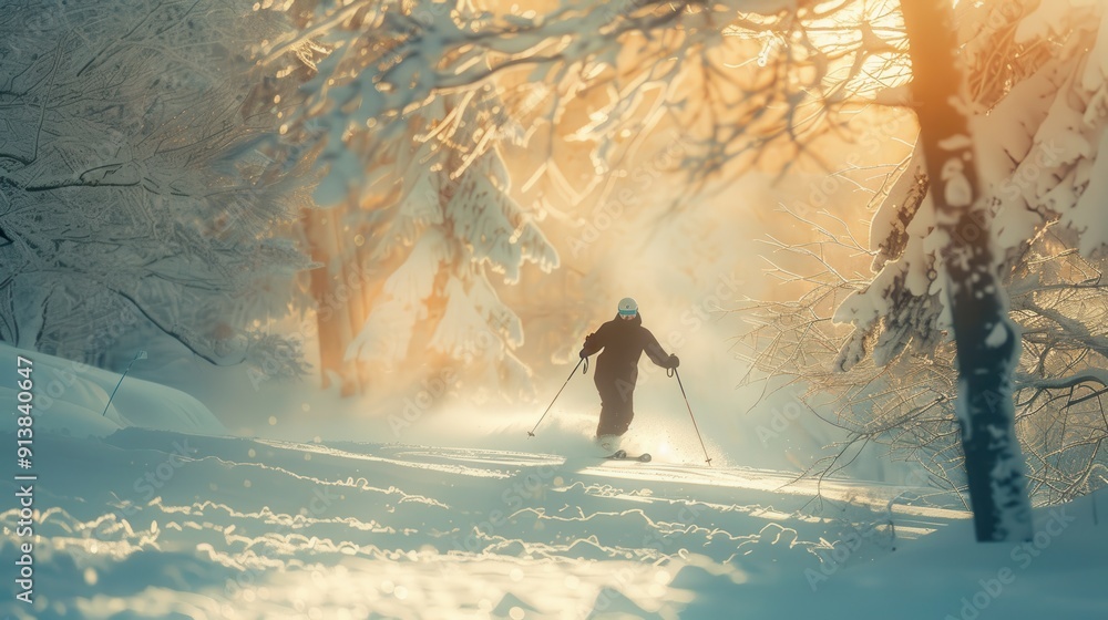 Poster a lone skier glides down a snowy path in a forest, backlit by the warm glow of the winter sun. the t