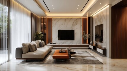 Luxurious modern living room with marble walls and large windows
