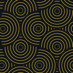 Art Deco Golden Overlapping circles in line art style seamless pattern on black background. For wallpaper, textile and home décor