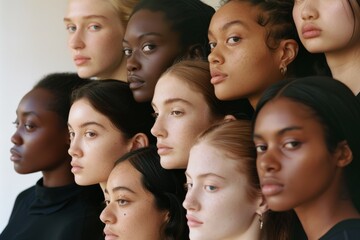 Obraz premium A striking portrait showcasing a diverse group of women in side profile, emphasizing their unique features and natural beauty against a clean background.