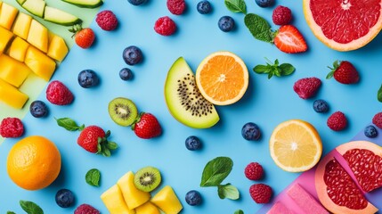 Assorted fruits including kiwi, orange, grapefruit, strawberries, blueberries, and mango pieces on a colorful background