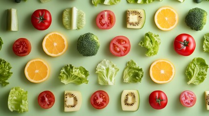 Flat lay of assorted fruits and vegetables on a green background