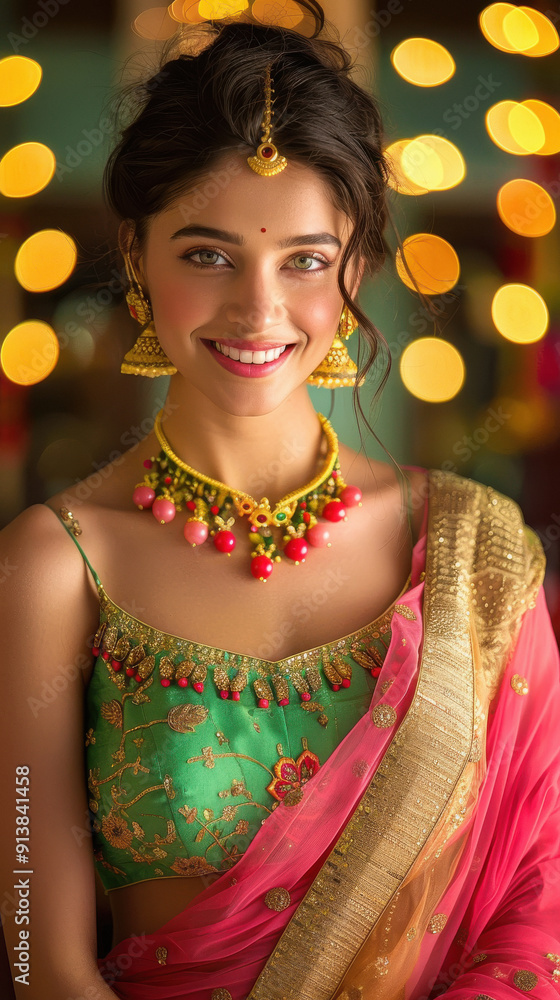 Poster young beautiful woman in traditional wear lehenga choli and gold jwelery