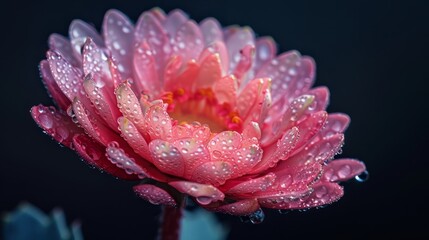  A tight shot of a pink flower with water droplets glistening on its petals against a dark backdrop