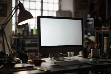 A minimalist and well-organized workstation featuring a large monitor and soft lighting, invoking productivity and focus.