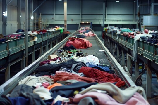 An industrial conveyor belt filled with heaps of assorted clothing items in a sorting facility, emphasizing recycling and sustainability efforts.