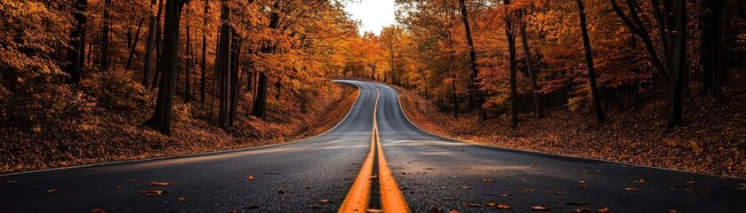 Fototapeta premium Autumn morning, vibrant colors, scenic routes, dynamic action, inviting