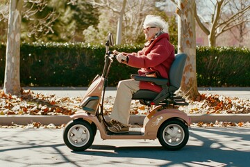 An elderly man rides a mobility scooter down a leaf-lined path in an autumn setting, wearing a red coat and a wool cap, enjoying a sunny day outdoors.