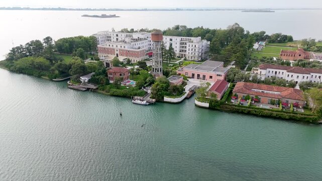 Resort And Spa In Venice, Italy. A Luxury Tourist Hotel, Tracking Aerial Shot.