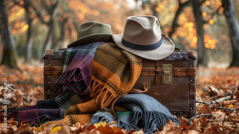 Poster a vintage suitcase sits on a bed of autumn leaves, with two hats and a plaid blanket resting on top 
