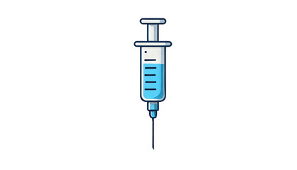 An illustration of a medical syringe filled with blue liquid, placed on a transparent background