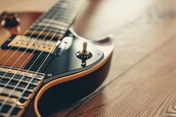 Fototapeta premium A close-up perspective of an electric guitar lying on wooden flooring, highlighting its intricate craftsmanship and textured strings in soft, natural lighting.