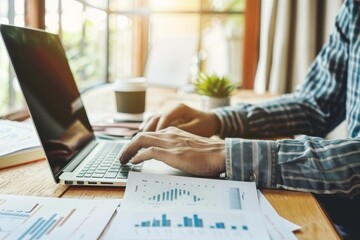 Fototapeta premium Hands typing on a laptop keyboard at a wooden desk, accompanied by various financial charts and a coffee cup, symbolizing productivity and analysis.