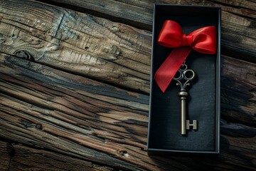 A unique vintage key with intricate design presented in a black gift box with a vibrant red ribbon.