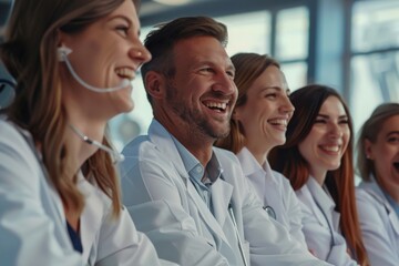 Fototapeta premium A group of smiling doctors in white coats, sharing a light-hearted moment in a modern, bright medical facility.