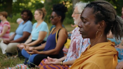 Fototapeta premium Group of people meditating together in the park
