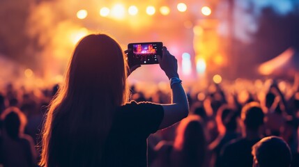 A festival-goer capturing memories with a camera or smartphone, surrounded by the lively festival scene, reflecting the modern way people document their festival experiences.