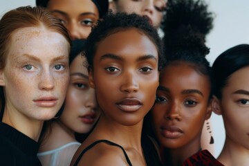 Obraz premium A diverse group of women, each with unique features, standing closely together, radiating unity, confidence, and collective strength.