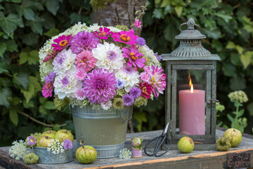 Garten-Arrangement mit Blumenstrauß mit Dahlien, Zinnien, Nelken, und Wilder Möhre, Äpfeln und vintage Laterne