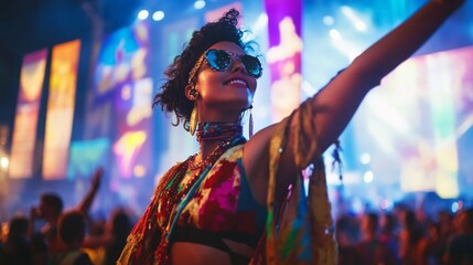 Obraz premium A festival-goer in a vibrant, creative outfit enjoying live music, with a backdrop of large festival banners, colorful stage lights, and a lively crowd.