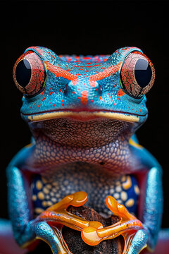Vibrant close-up of a colorful tree frog against a black background. Generative AI image