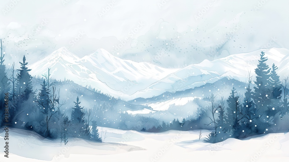 Aufkleber a watercolor painting depicting a serene winter scene. snow-capped mountains rise in the background,