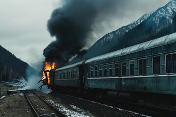 A tense scene of a train engulfed in flames with thick smoke rising, amidst a snowy and mountainous landscape, highlighting drama and chaos.