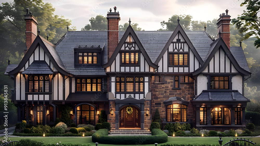 Poster Luxury Tudor Style Home with Gabled Roof, Stone Walls, and Large Windows