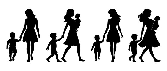 A mother with two kids silhouette black filled vector Illustration icon