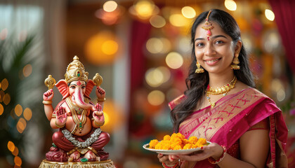 Young indian woman in red color saree holding lord ganesha sculpture