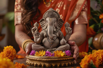 Fototapeta premium close view of couple holding lord ganesha statue