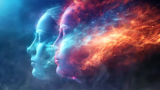 Abstract human head with state of mind in head on abstract nebula background