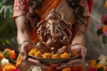 Young indian woman in red color saree holding lord ganesha sculpture
