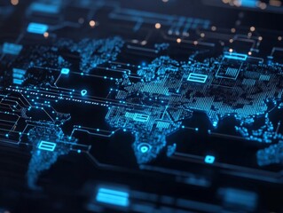 World map with cybersecurity network, digital connections, blue glowing data, high tech design