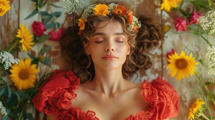 Two women with long hair and sunflower headbands are smiling at the camera