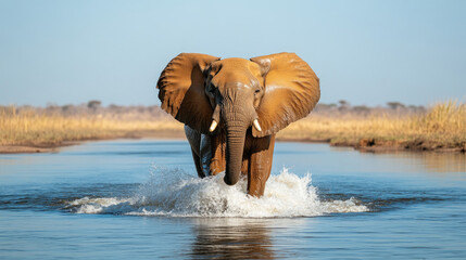 Fototapeta premium A majestic elephant splashes through the water, showcasing the beauty of wildlife in its natural habitat.