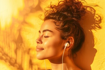 Woman revels in the warm sunlight with eyes closed and earbuds in, standing against a bright yellow wall.