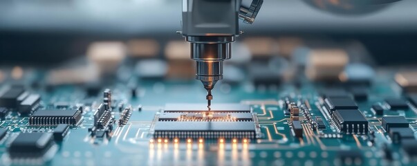 Precision robotic arm soldering microchips, AI technology, electronic manufacturing, high detail