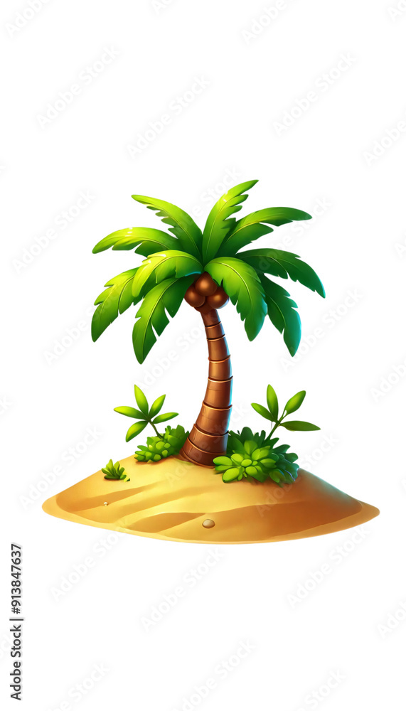 Aufkleber a digital illustration of a cartoon-style palm tree on a small sandy island on a transparent backgro