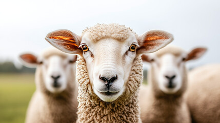 Obraz premium Curious sheep grazing in a tranquil field, showcasing their unique personalities and fluffy wool coats in a serene rural setting.