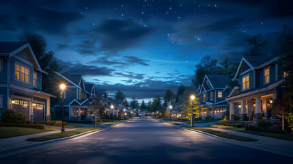 Nighttime Suburban Street Illustration