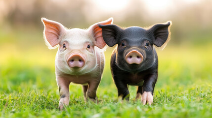 Two adorable piglets, one pink and one black, playfully exploring a lush green field under a warm sunlight.