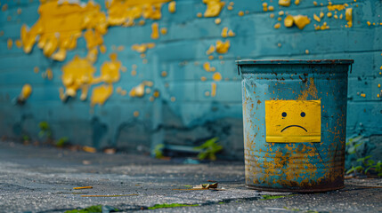 A minimalist and humorous image featuring a rusty trash can with a yellow sticky note displaying a sad face.