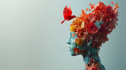 An abstract and artistic representation of a human head adorned with vibrant origami flowers and a red origami butterfly.