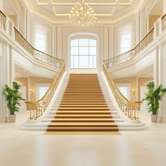 Opulent interior featuring a grand staircase with golden railings, chandeliers, and elegant decor, exuding luxury and sophistication.