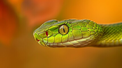 Green snake posing on a blurry orange background